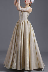 Light Golden Long Sleeves Hollow Embroidery Print High Waisted Victorian Lolita Prom Dress